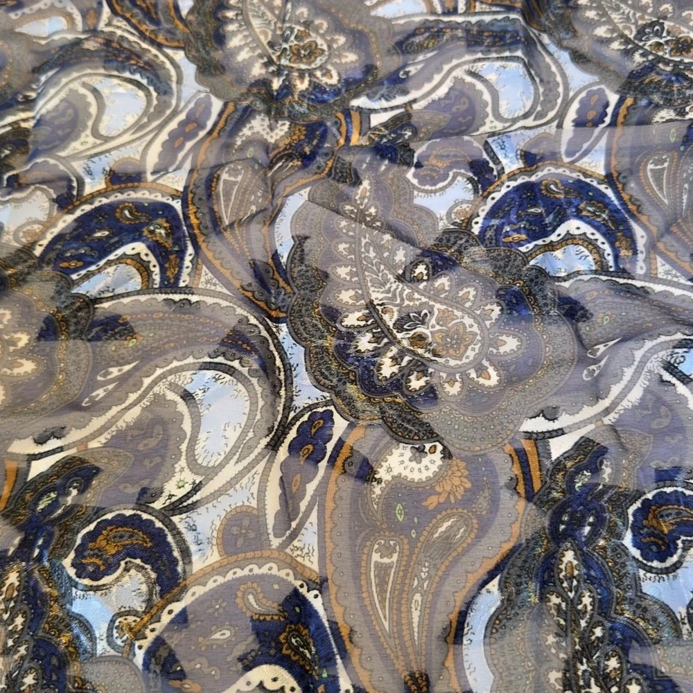 Blue Gold Paisley Square Scarf Silk Feel Sheer‎ Neck Hair Accessory Classy Chic
